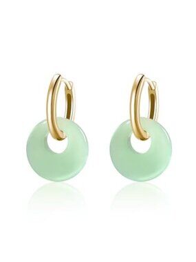Jade Earrings for Women, 14K Gold Plated Aventurine Crystal Huggie Hoop Earring